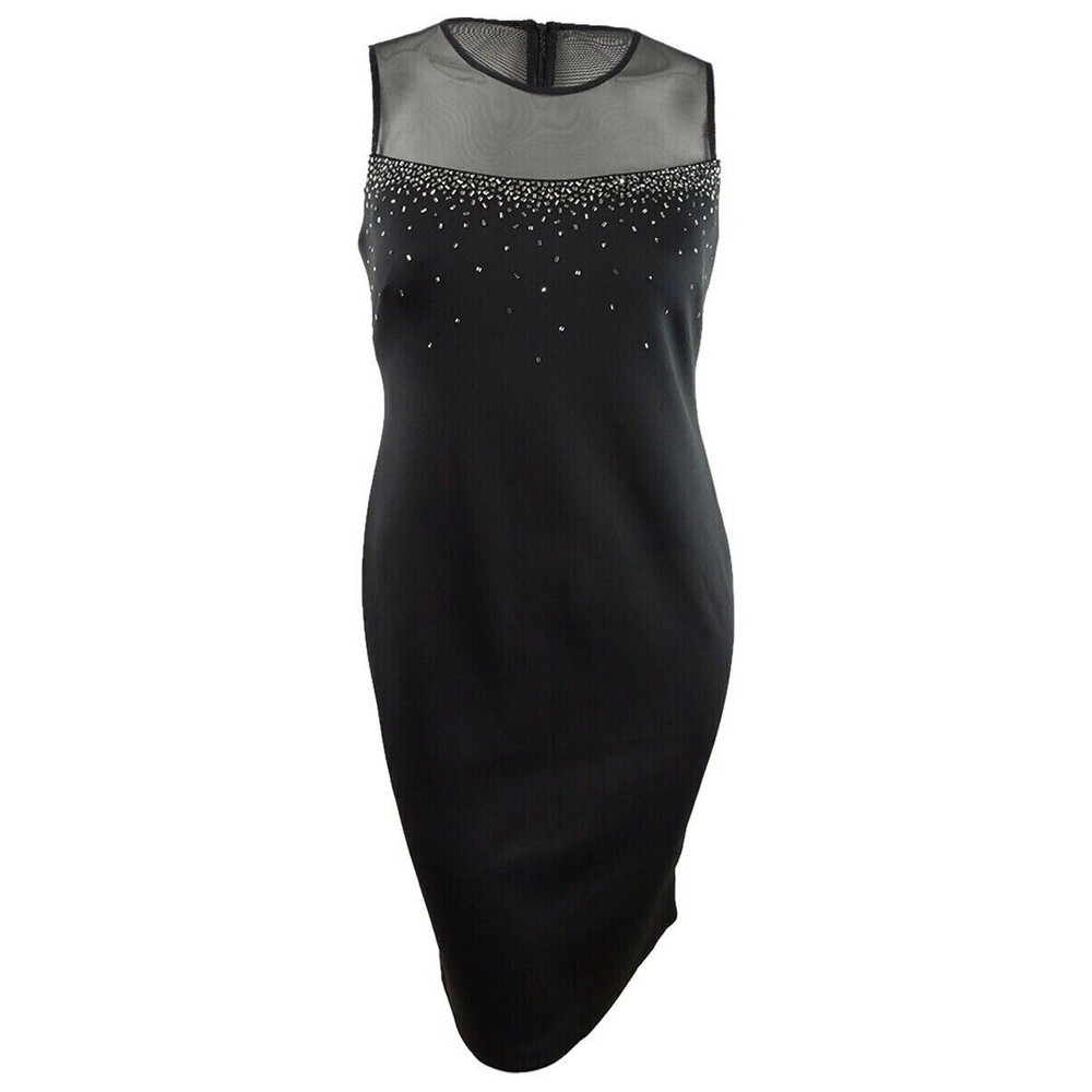 Calvin Klein Women's Beaded Illusion Sheath Dress 6 Black NEW MSRP $128